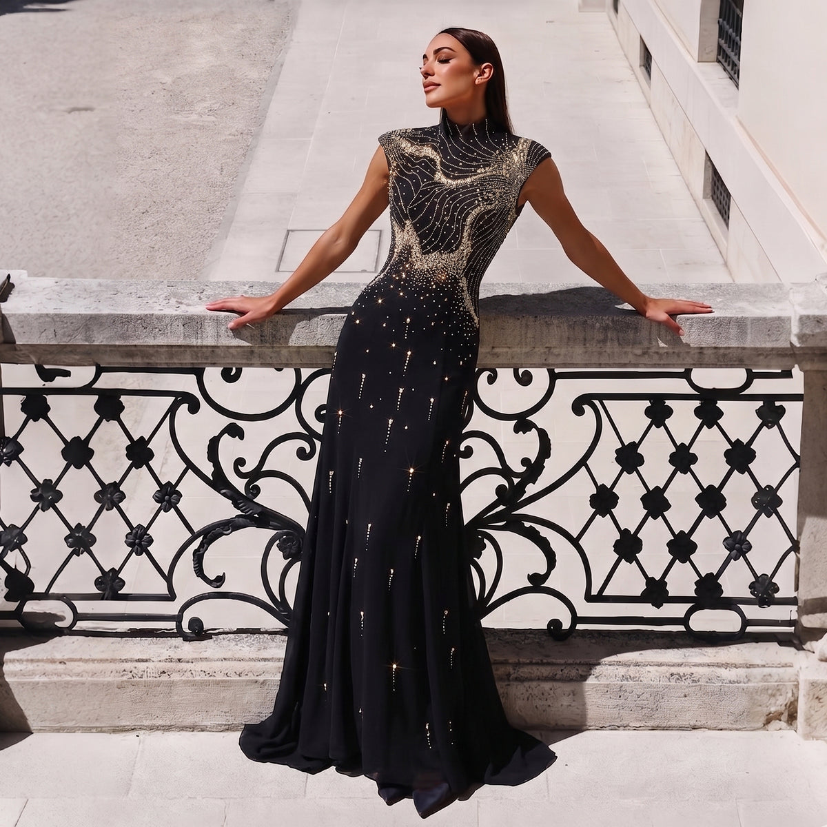 Romantic Black Star Bead Embroidery Mock Neck Floor Evening Dress SF186