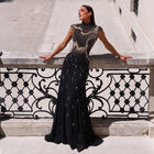 Romantic Black Star Bead Embroidery Mock Neck Floor Evening Dress SF186