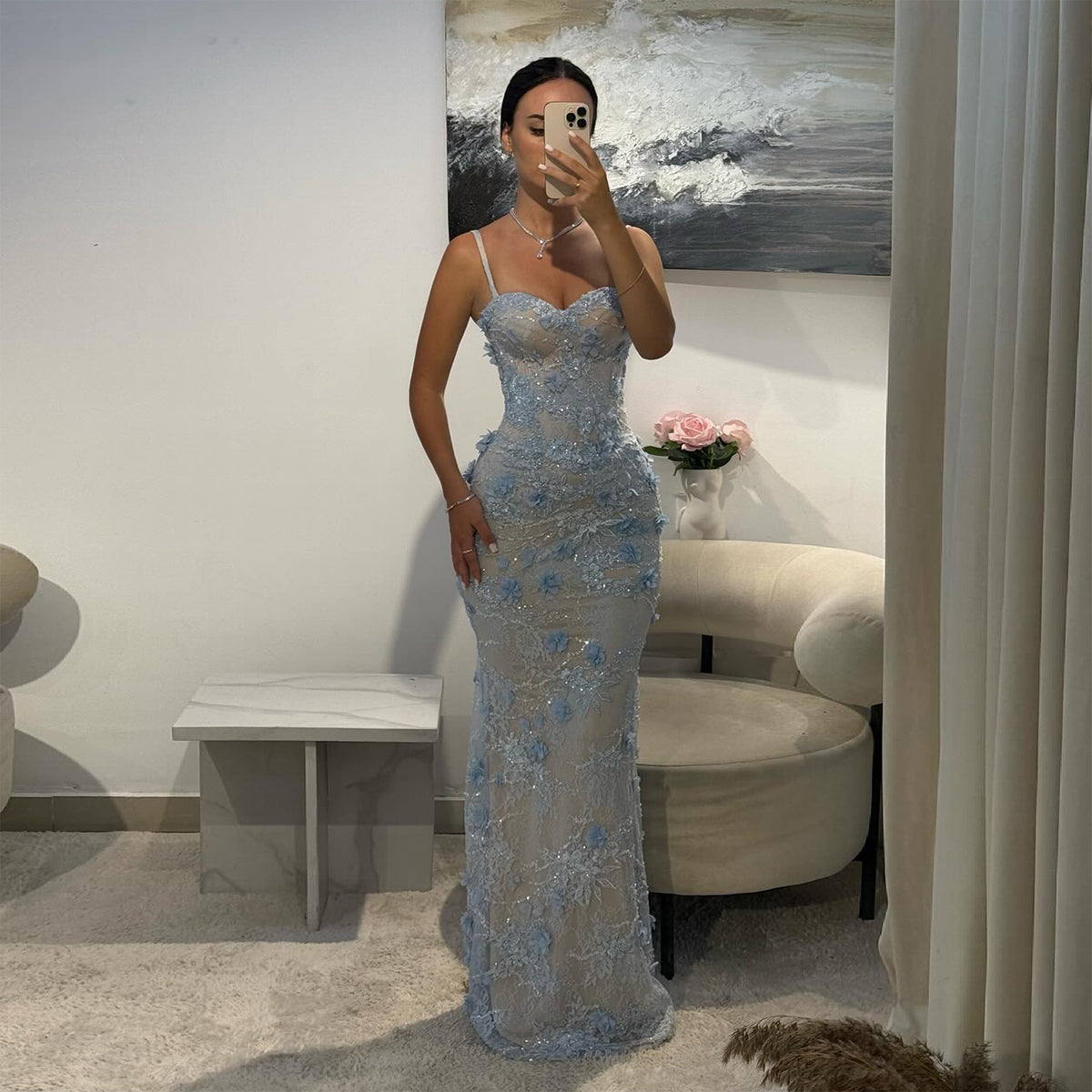 Luxury Blue Sweetheart 3D Floral Mermaid Evening Dress SF523