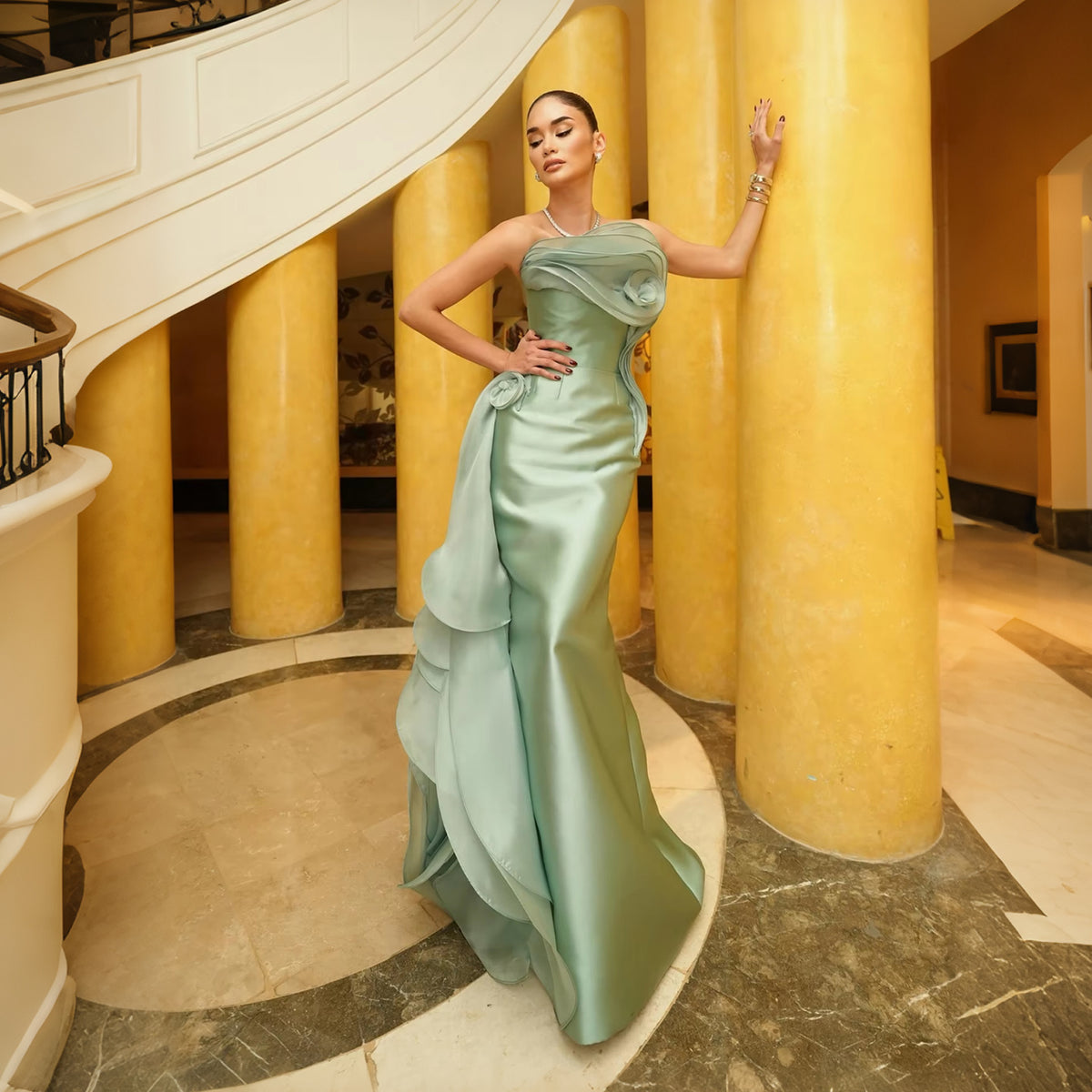 Luxury Sage Green Satin Strapless Mermaid Evening Dress with Sculptural Floral SF209
