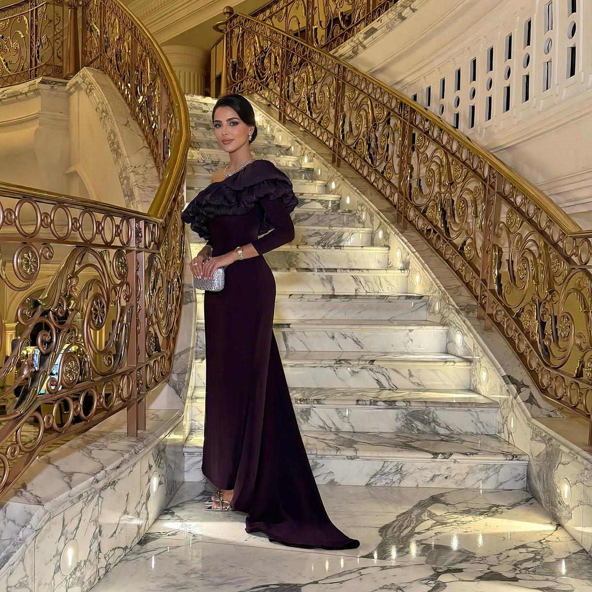 Luxury Purple Ruffled Long Sleeve Train Evening Dress SF323