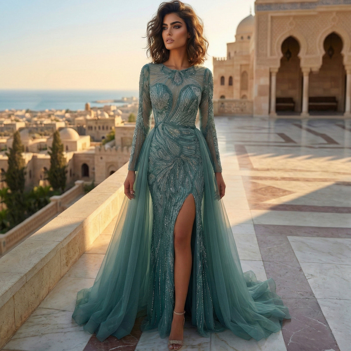 Glamorous Green Beaded High Slit Evening Dress with Overskirt SS160