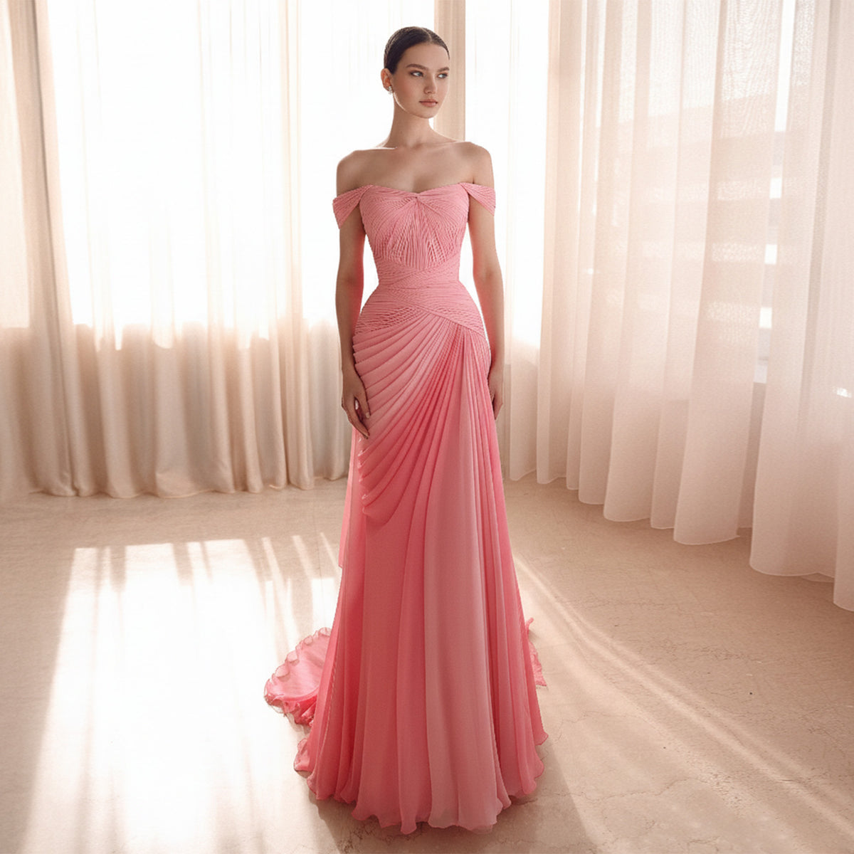 Luxury Pink Ruched Fitted Evening Dress with Overskirt SF424