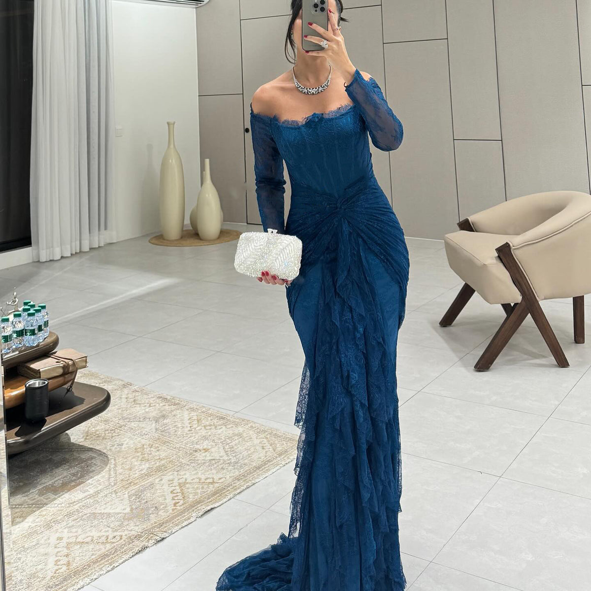Luxury Turquoise Long Sleeves Mermaid Evening Dress SF519