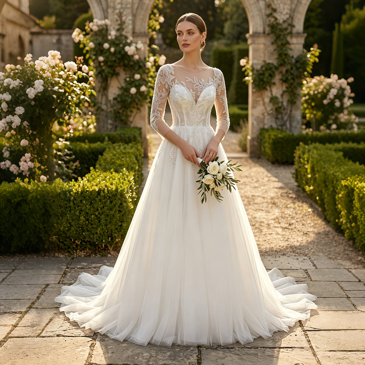 White Illusion Neck Lace & Tulle Bridal Gown with Cathedral Train SW709