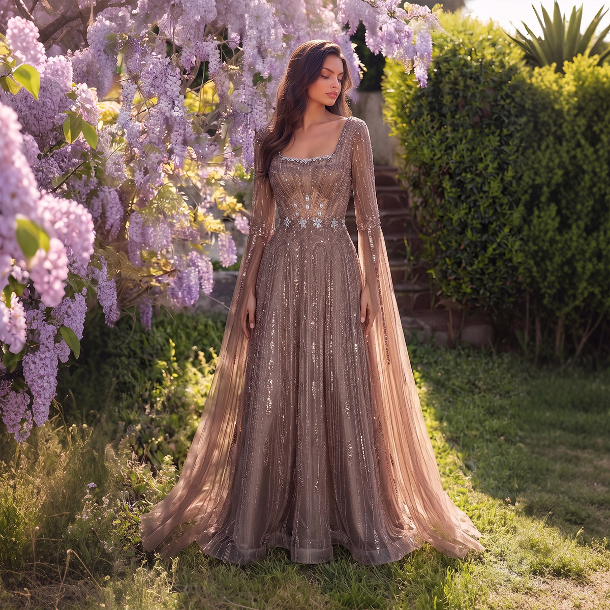 Vintage Square Beaded Sequined A-Line Evening Dress with Floor-Length Sleeves SS065