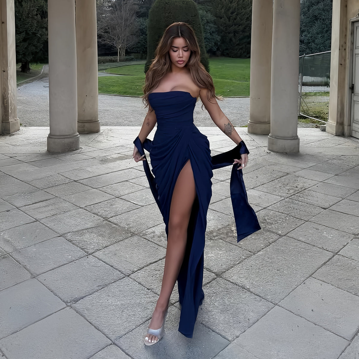 Glamorous Navy Blue Ruched Evening Dress with Sash Accents SF483