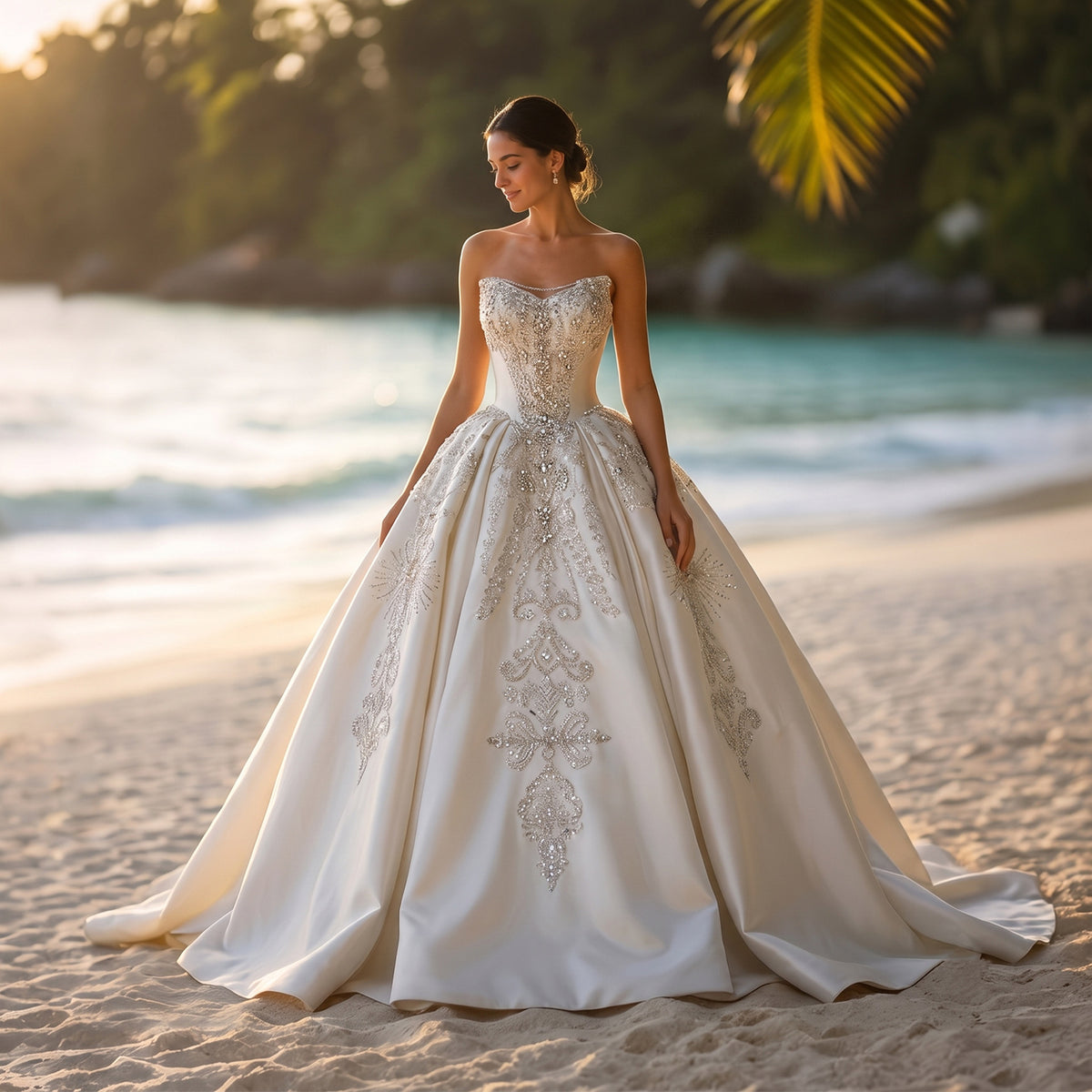 Regal Ivory Satin Strapless Ball Gown Wedding Dress with Heavy Crystal Embroidery SW676