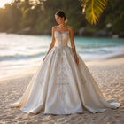 Regal Ivory Satin Strapless Ball Gown Wedding Dress with Heavy Crystal Embroidery SW676