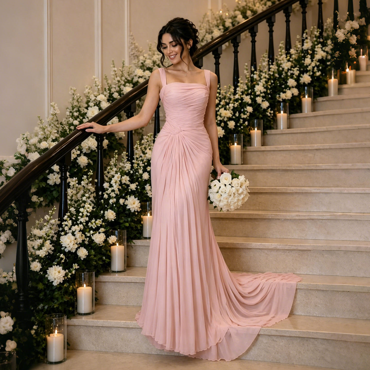 Glamorous Pink Floor-Length Evening Dress with Wide Straps SF463