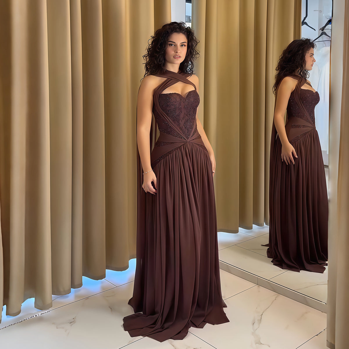 Luxury Brown Halter Neck Ruched Evening Dress with Cape SF460