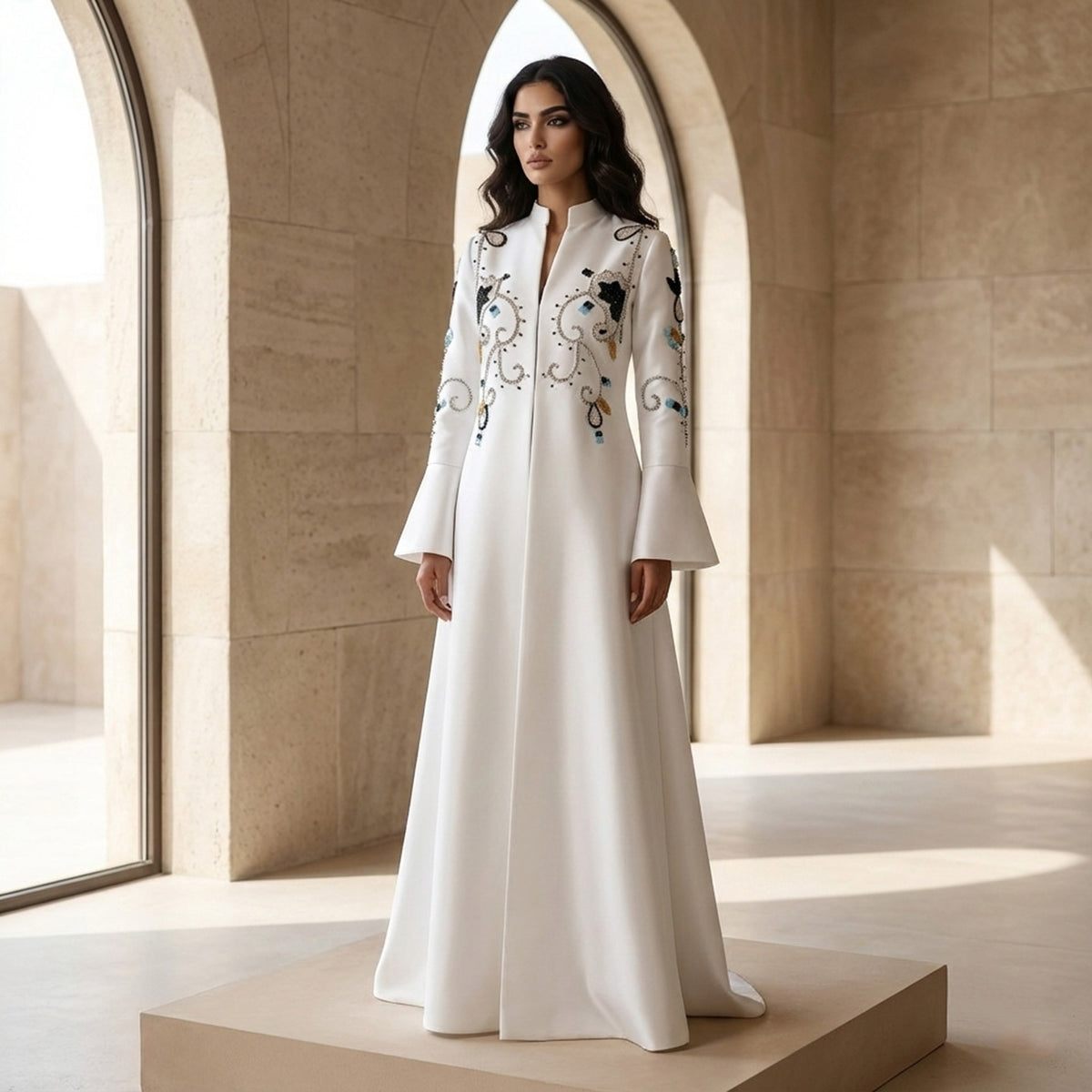 Black White Elegant Mandarin-Collar Pearl Embroidered Evening Dress XD028