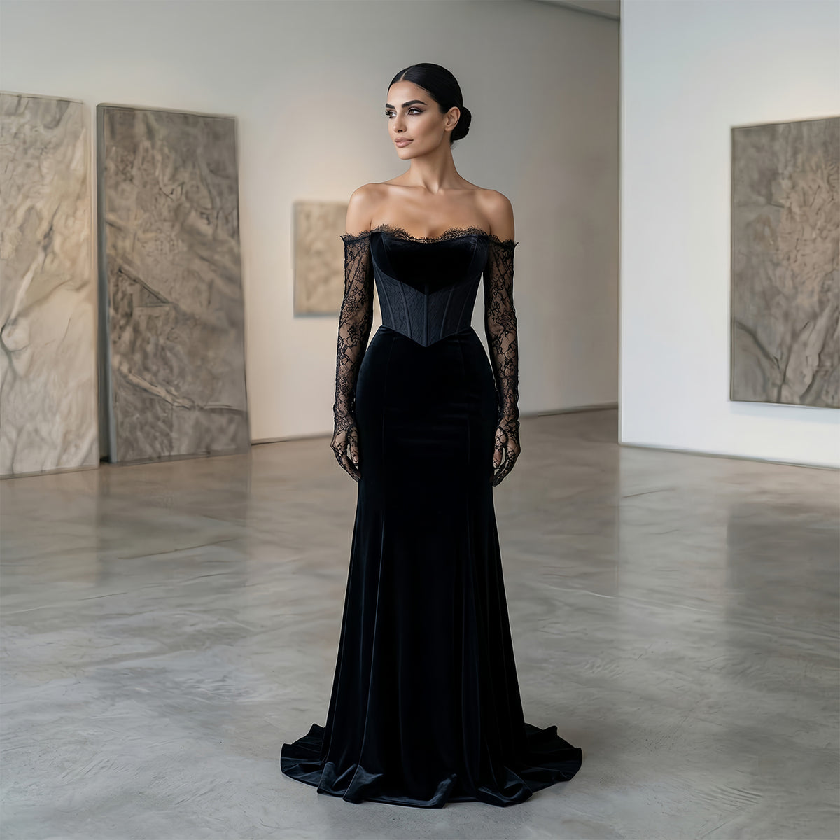 Luxury Black Strapless Corset Bodice Velvet Evening Dress with Gloves SF538