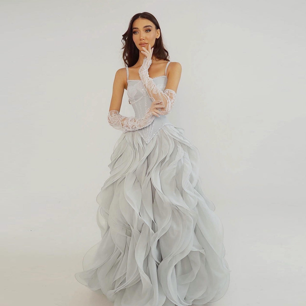 Elegant Spaghetti Strap Corset Ball Gown Evening Dress with Gloves SS672
