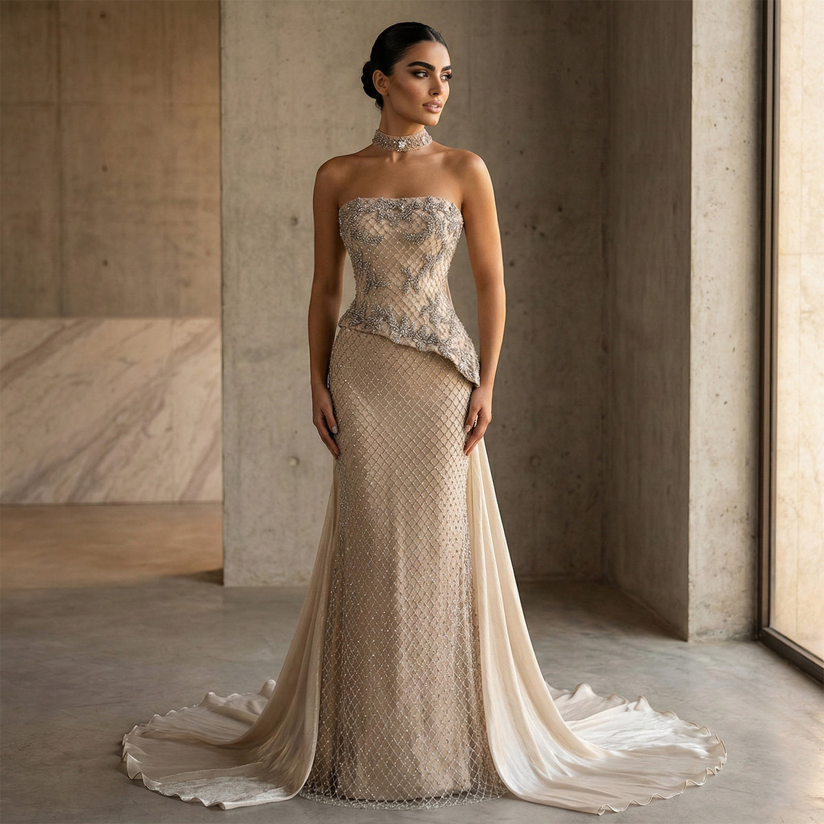 Luxury Champagne Beaded Strapless Evening Dress with Cape SS394