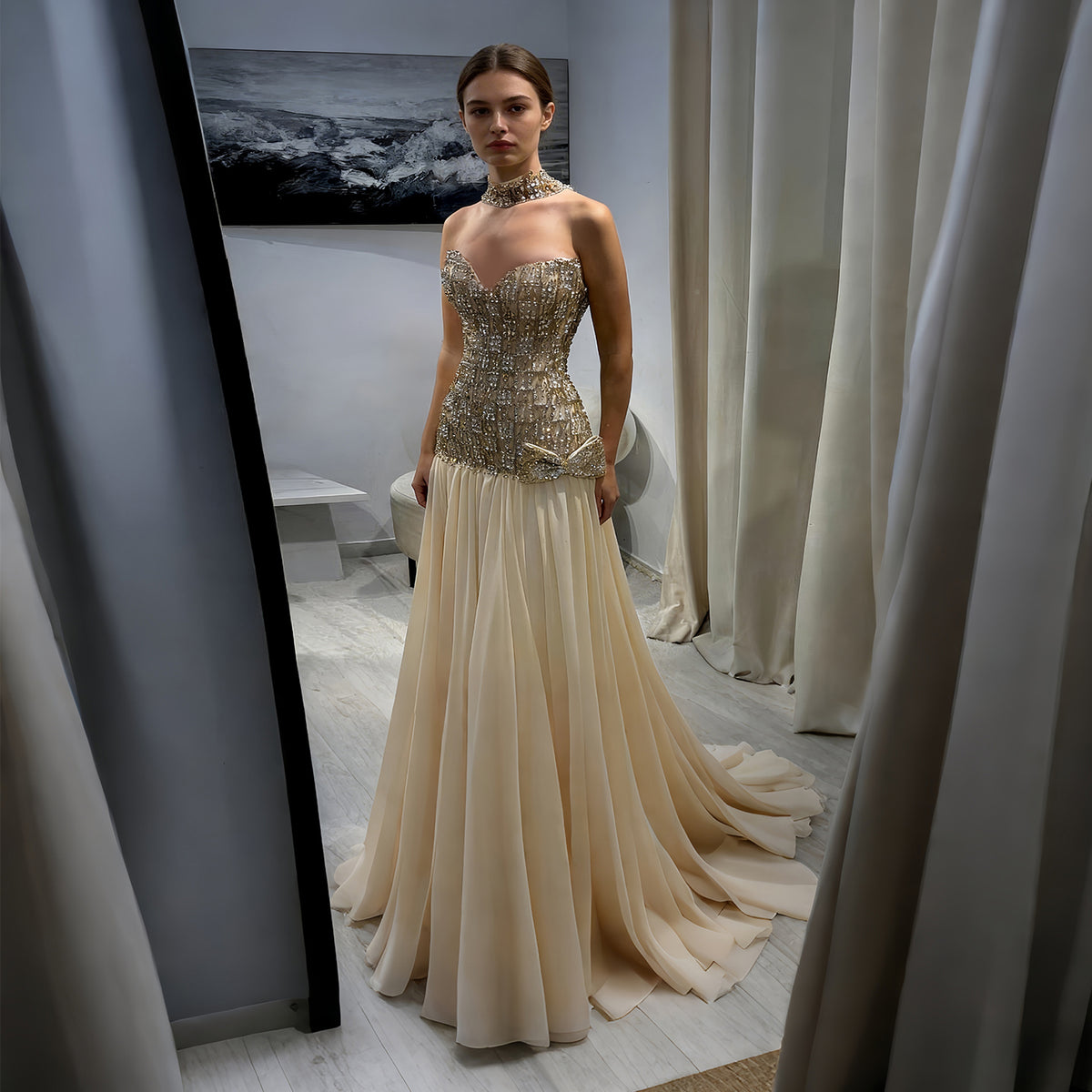Luxury Gold Strapless Beaded Corset Evening Dress with Choker SS504