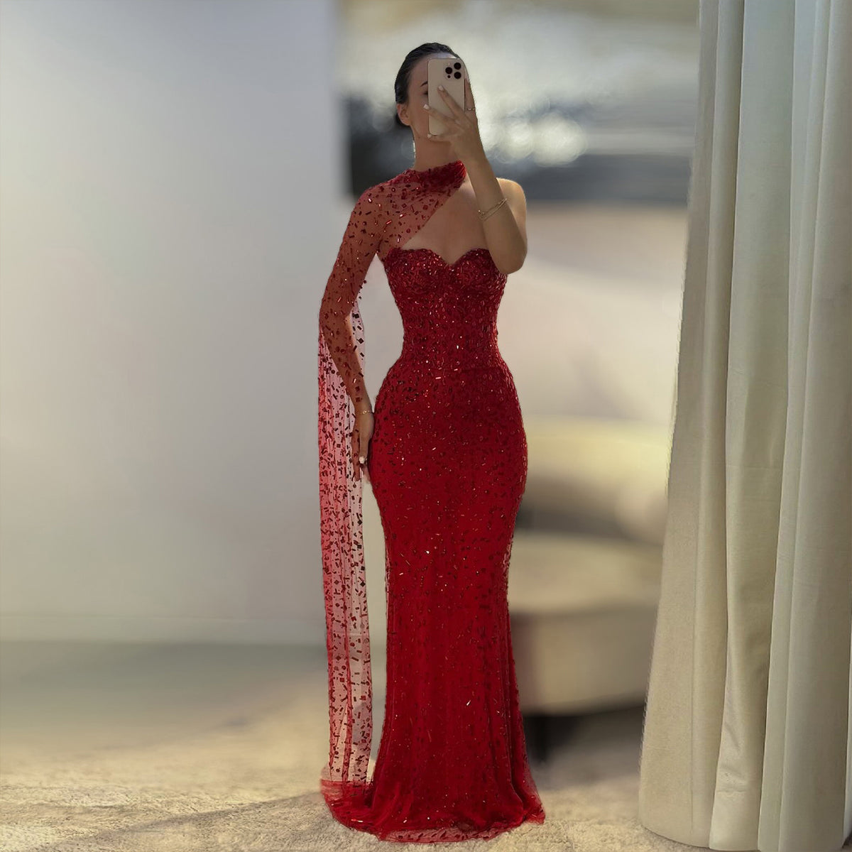 Luxury Red Sheer Mesh Crystal Beaded Mermaid Evening Dress with Cape SS711