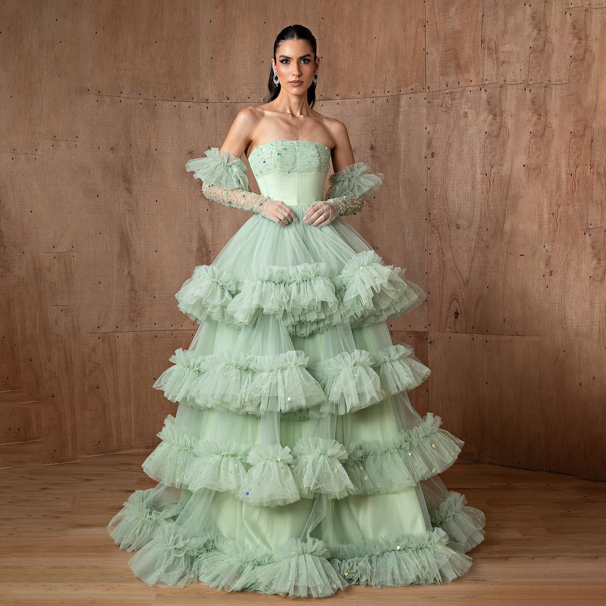 Luxury Beaded Sage Green Tiered Evening Dress with Glove SF381