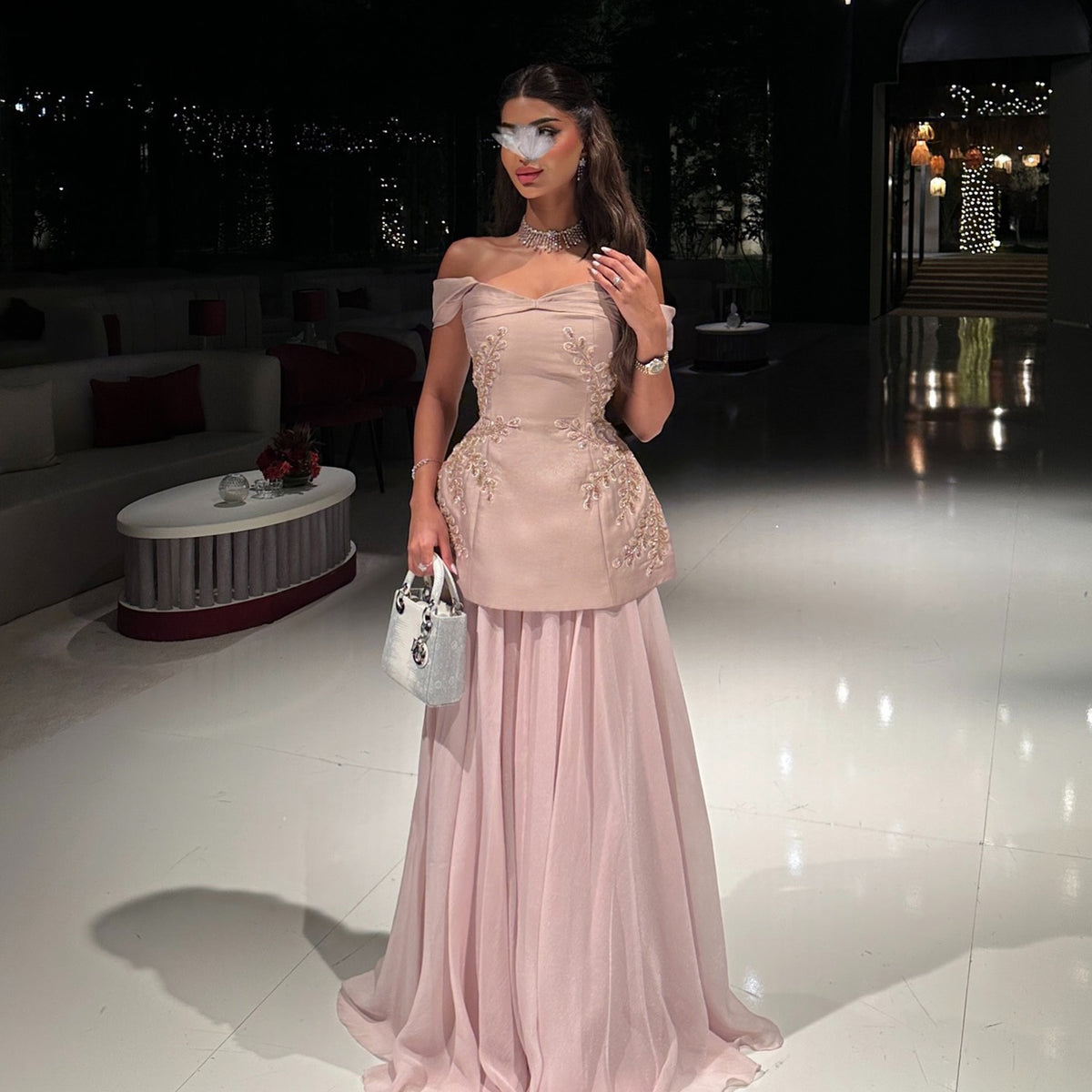 Luxury Pink Strapless Embossed Waist Long Evening Dress SF502