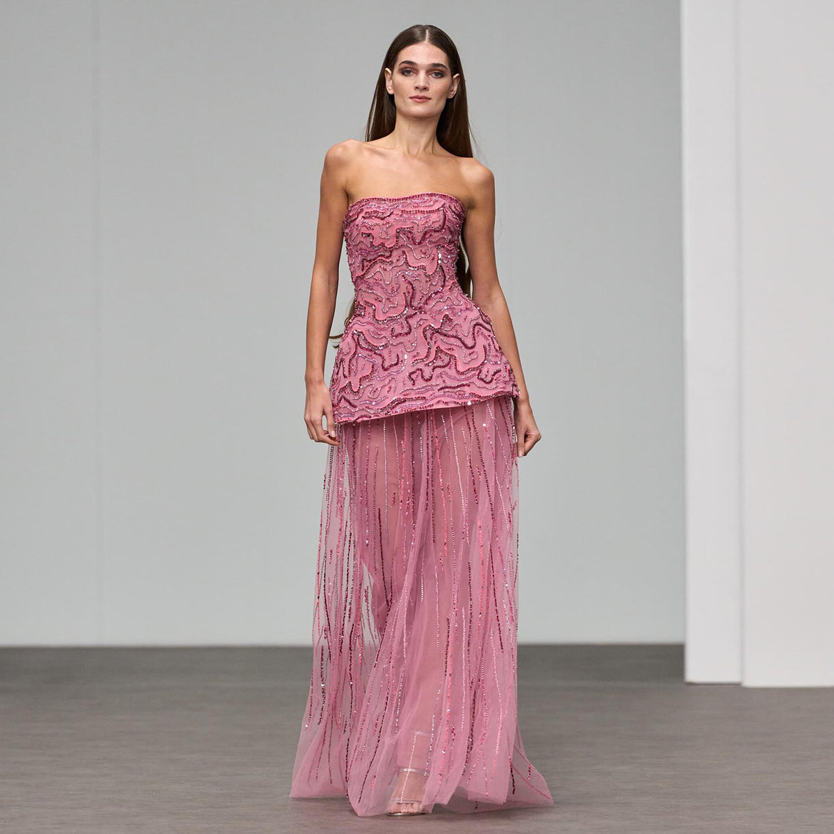 Luxury Rose Pink Crystal Sequin Two-Piece Evening Dress SS218