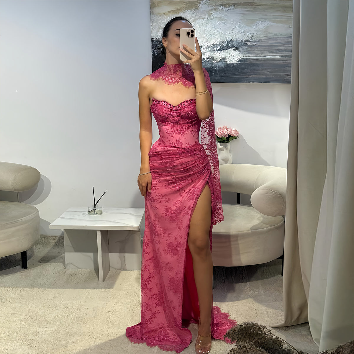 Glamorous Fuchsia Lace High Slit Mermaid Evening Dress with Scarf SF525