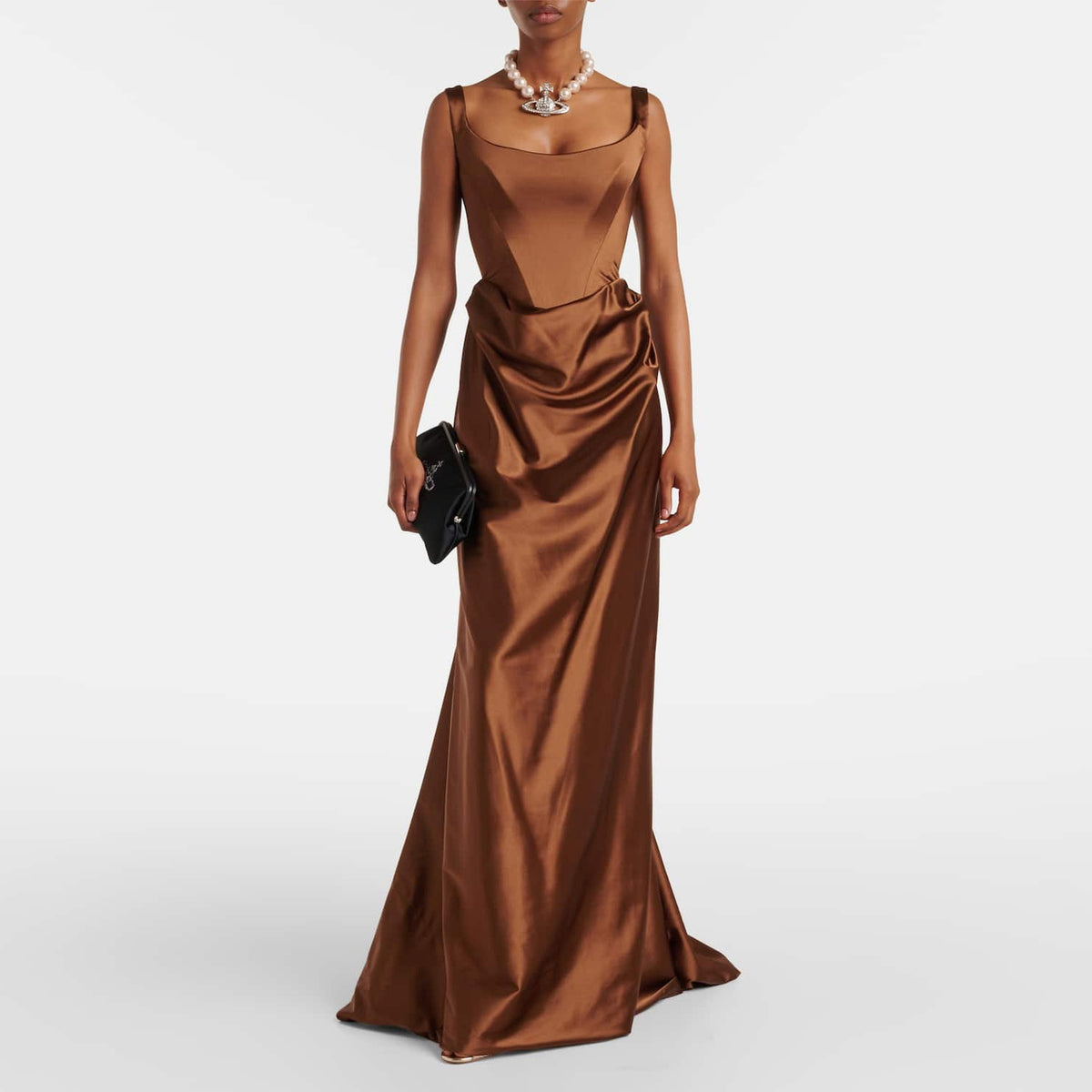 Elegant Brown Minimalist Floor-Length Evening Dress with Overskirt SF113