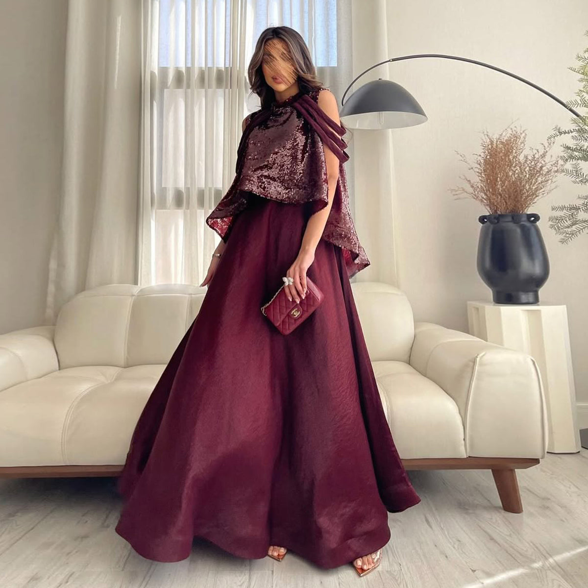 Luxury Burgundy Sequin 2 Piece Cape Design Formal Evening Dress SF418