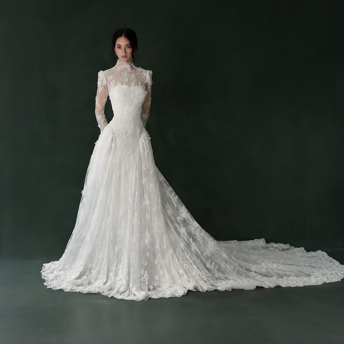 Ivory Lace High Neck Long Sleeve A-Line Wedding Dress with Veil SW275