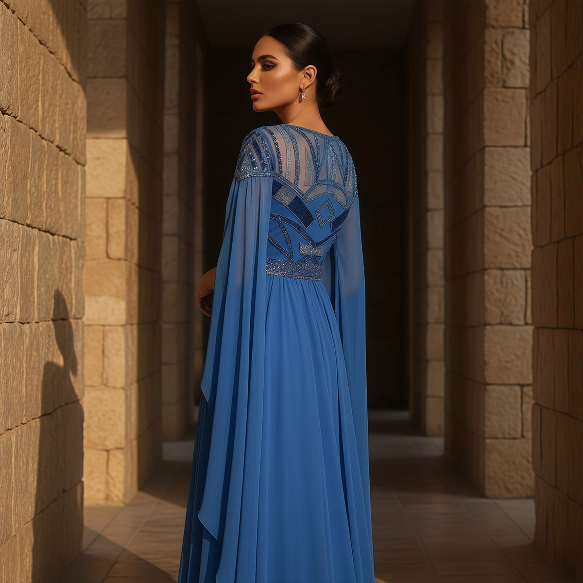 Blue Sequin Beaded Sparkling Evening Dress with Cap Sleeve SS562