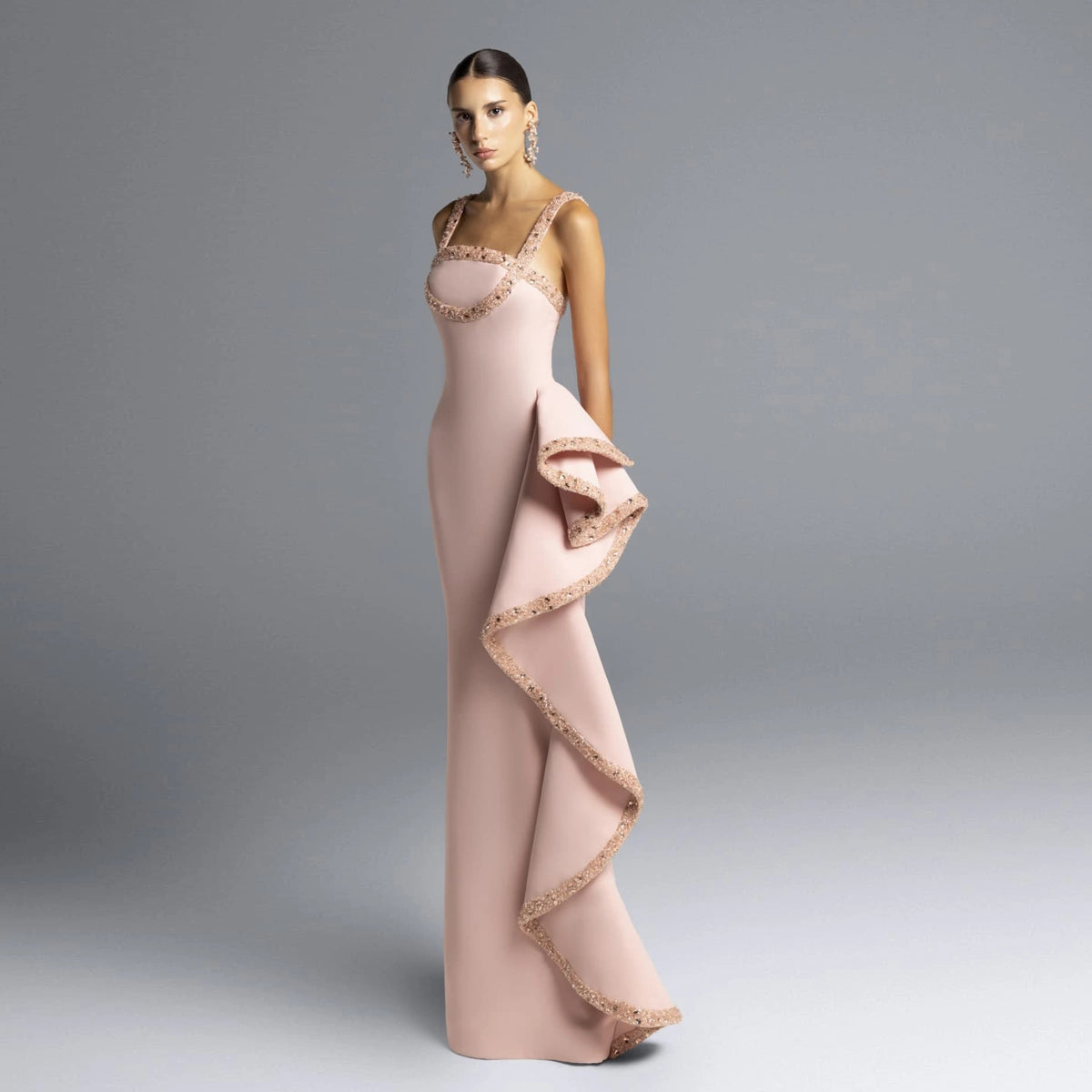 Luxury Blush Pink Beaded Ruffled Fitted Mermaid Evening Dress SF453