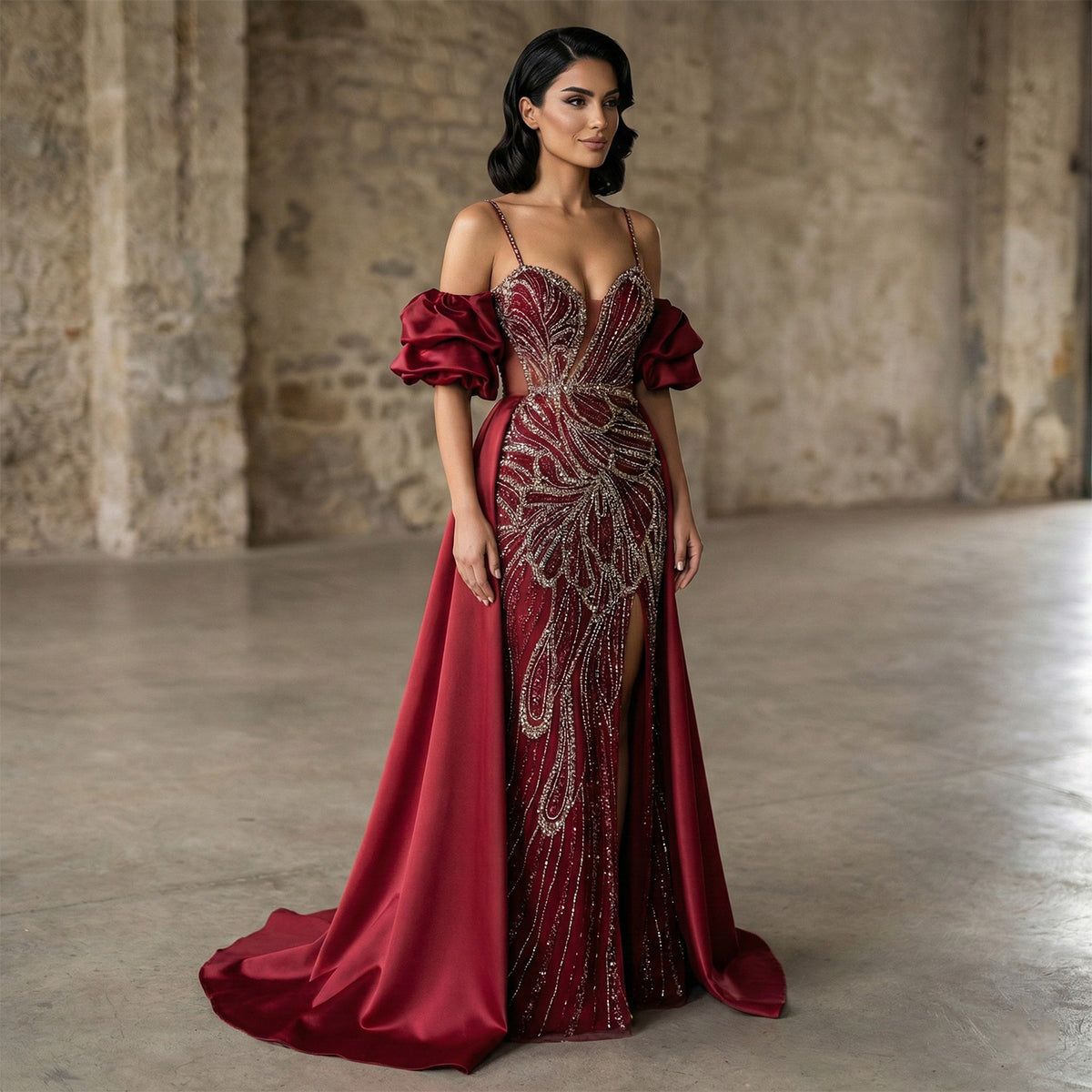 Luxury Lilac High-Slit Beaded Cape Evening Dress with Cap Sleeves SS157