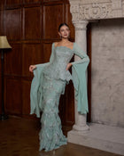 Sage Green Long Sleeve Beaded Sequin Evening Dress