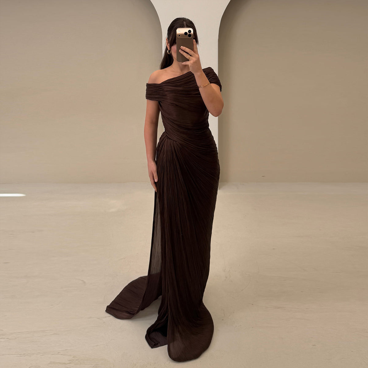 Luxury Brown One-Shoulder Ruched Evening Dress with Overskirt SF364