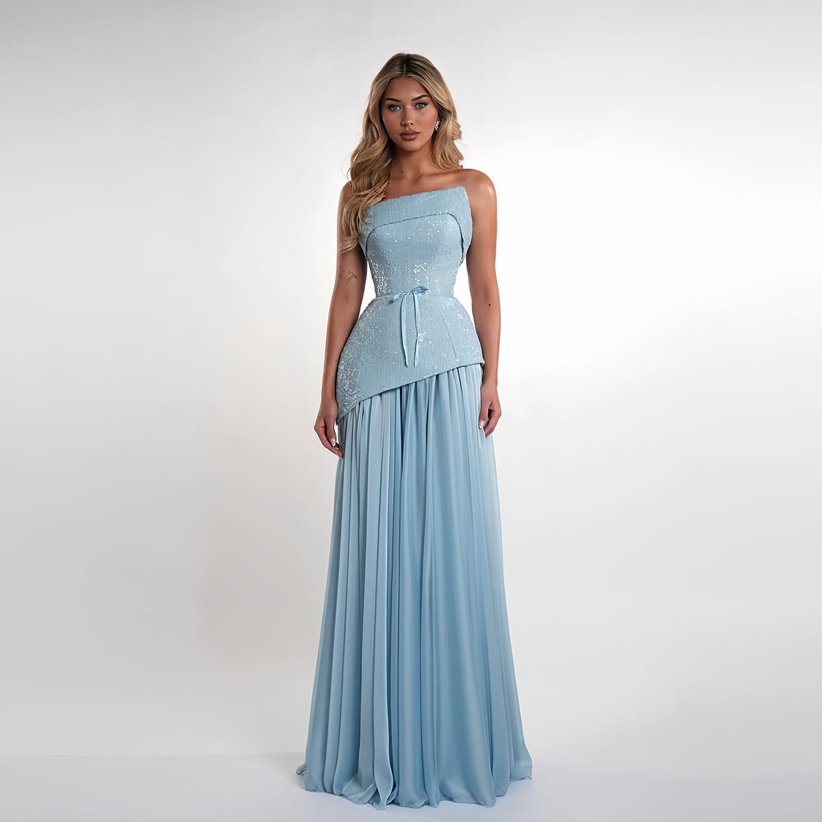 Elegant Blue Strapless Sequin Evening Dress SF097