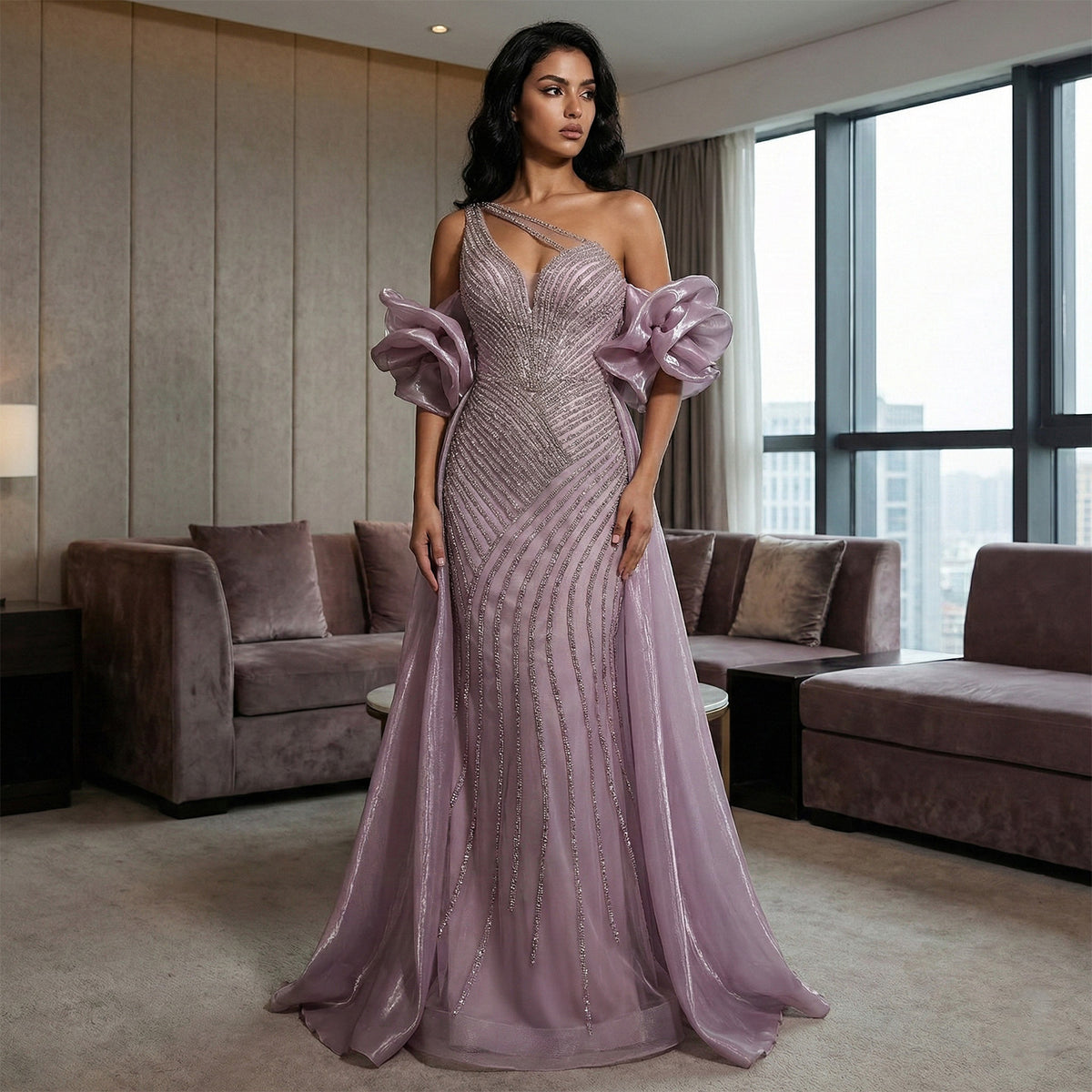 Luxury Dusty Pink One-Shoulder Beaded Fitted Evening Dress with Cape SS016
