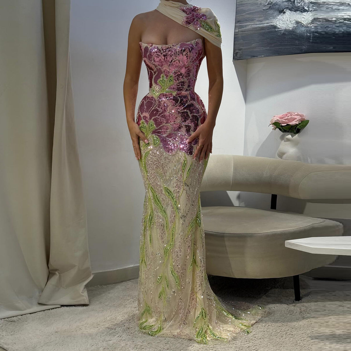 Luxury Purple Green Sparkling Sequin Beaded Formal Evening Dress SS511