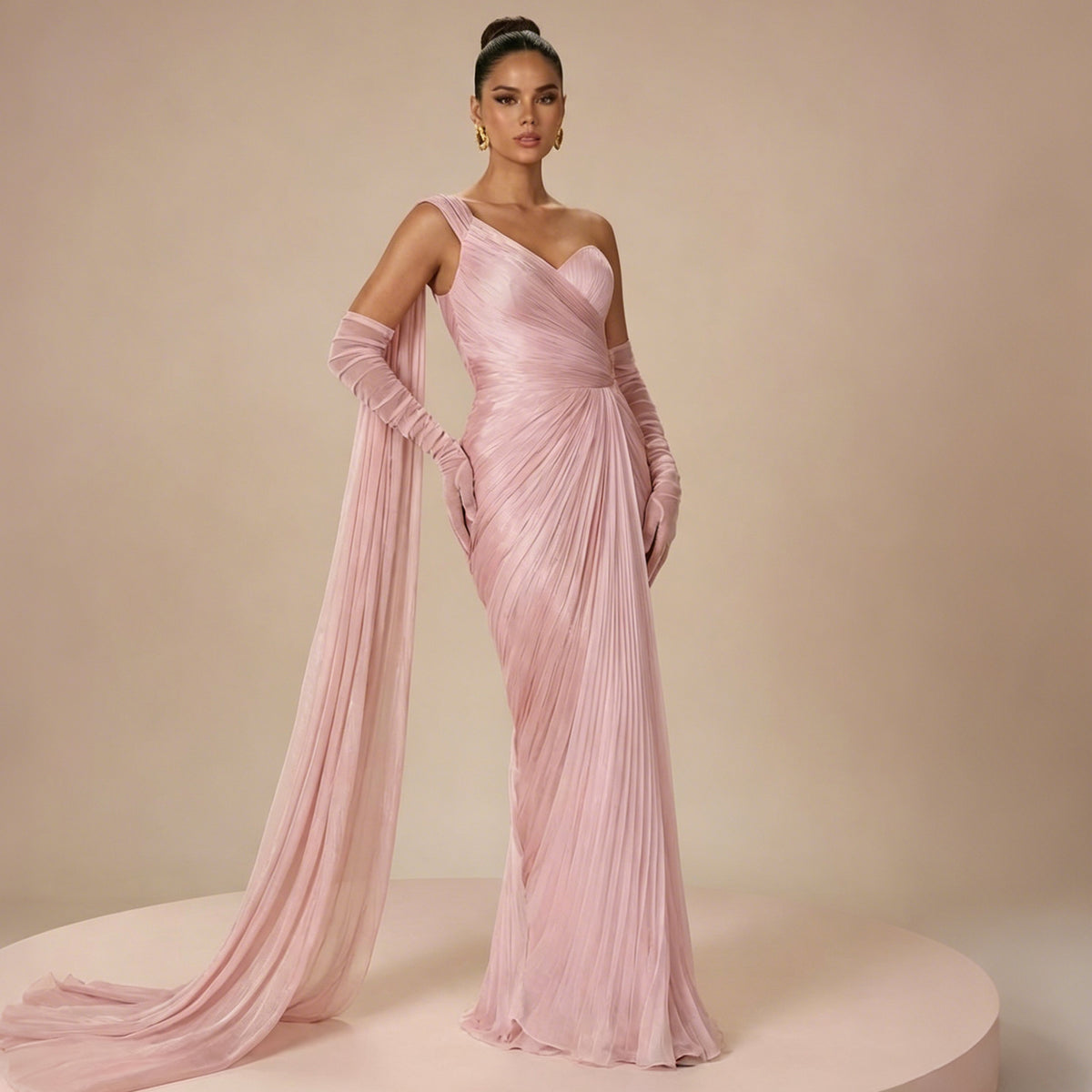 Elegant Pink Pleats Mermaid Evening Dress with Gloves SF247