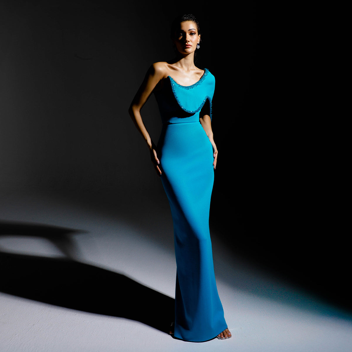 Luxury One-Shoulder Blue Mermaid Evening Dress with Cape SF403