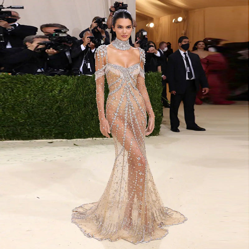 Elegant Crystal Tassel Nude Mermaid Evening Dresses SS358