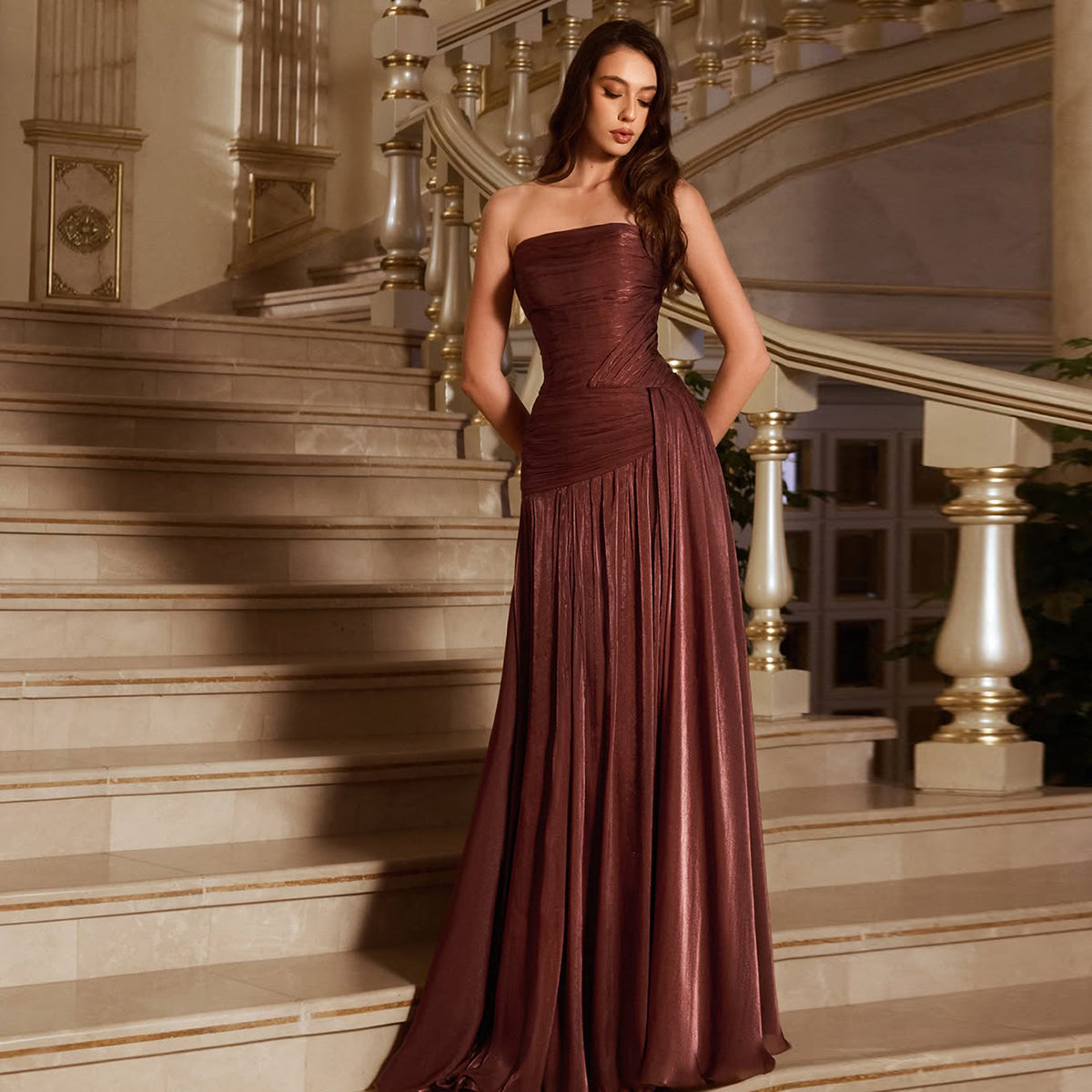 Chic Strapless Rust Red Pleated Evening Dress with Overskirt SF175