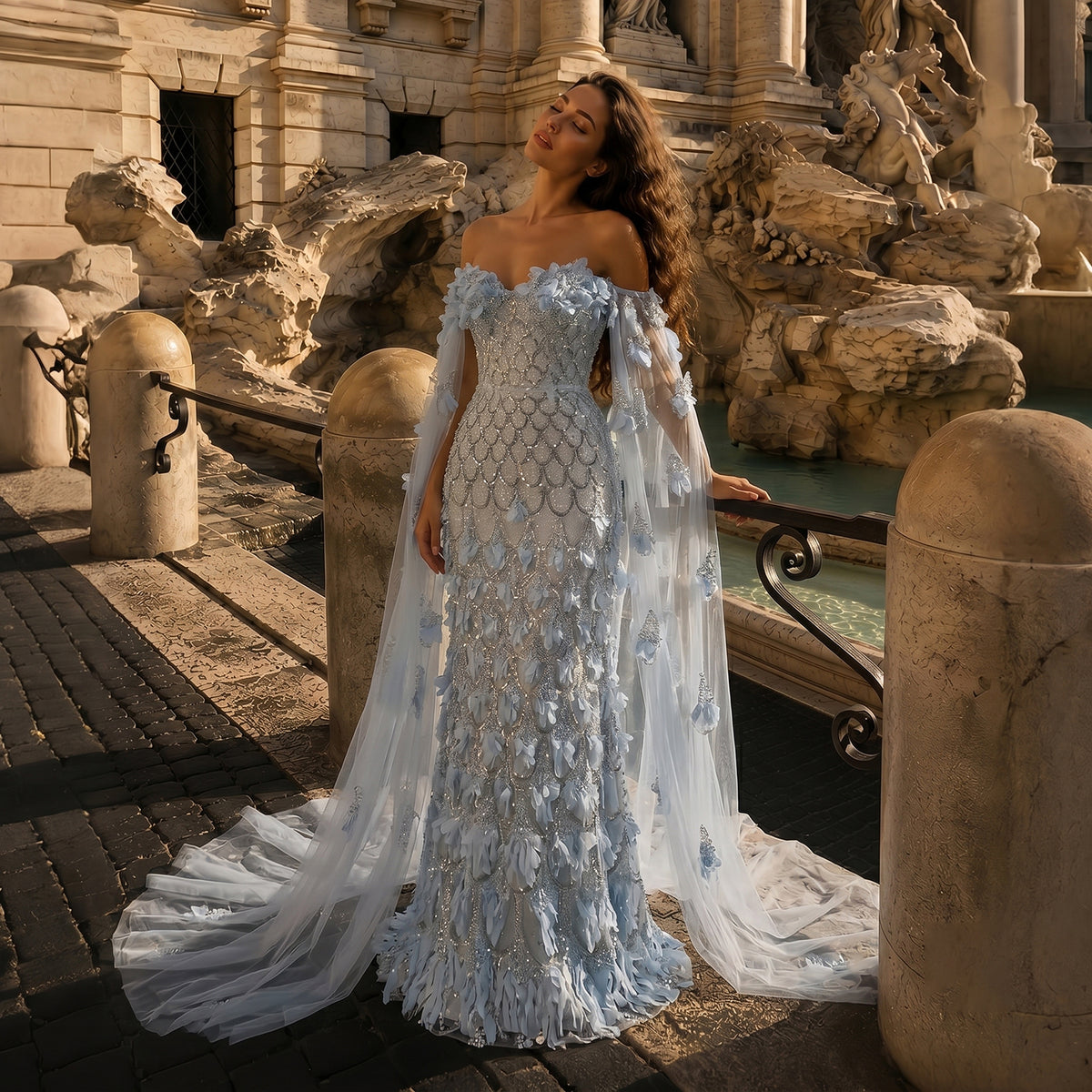 Luxury Soft Blue Floral Appliqué Tulle Mermaid Evening Dress SS441