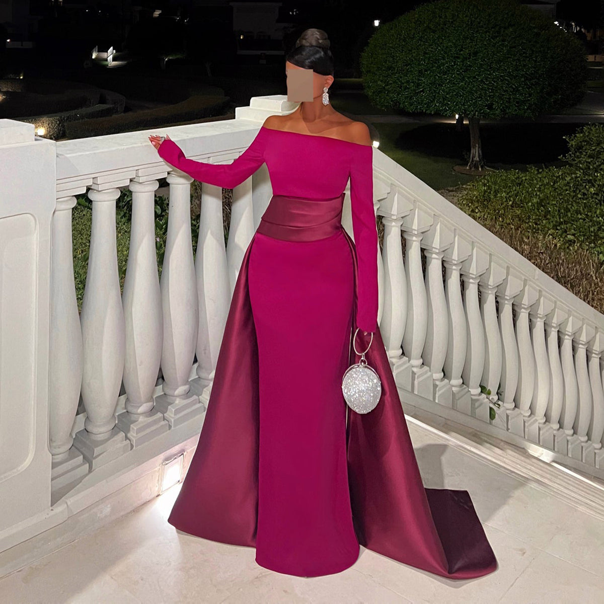 Luxury Fuchsia Off-the-Shoulder Long Sleeve Evening Dress with Overskirt SF318