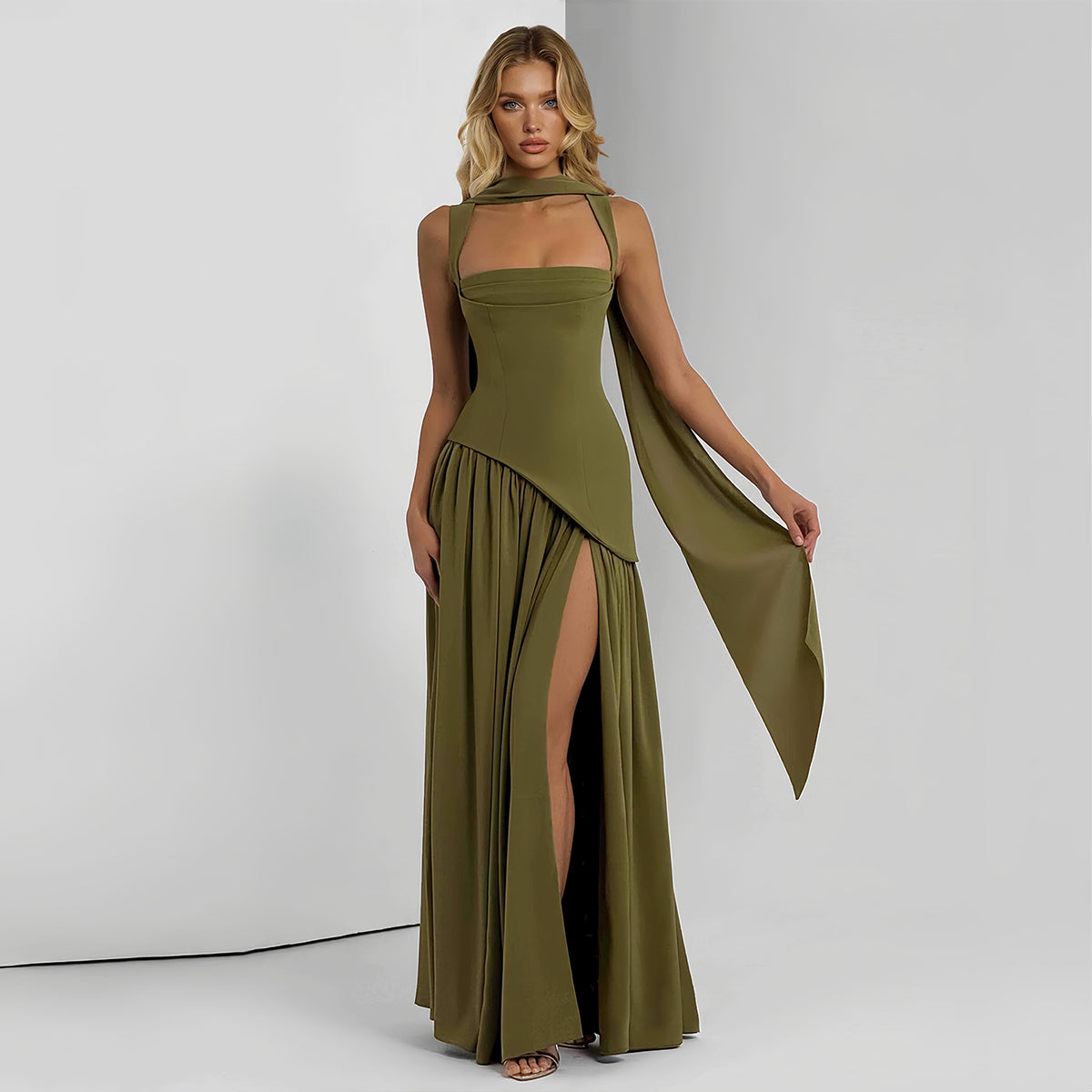 Edgy Green High Slit Chiffon Evening Dress with Scarf SF102