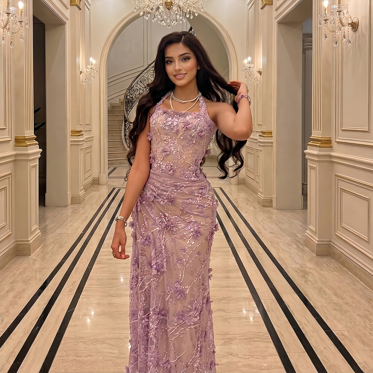 Romantic Lilac Halter Neck 3D Floral Mermaid Evening Dress SF524