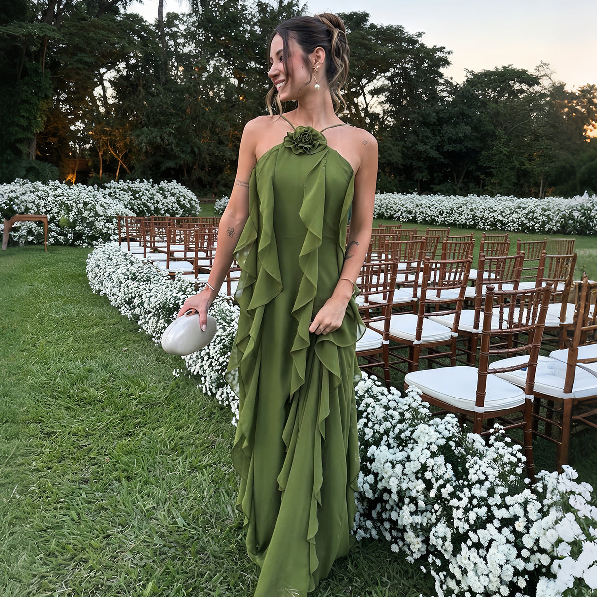 Elegant Olive Green Halter Neck Evening Dress with Ruffled Chiffon Skirt SF181