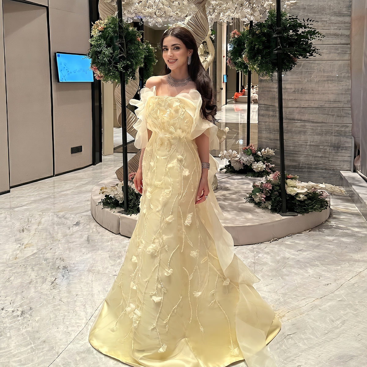 Elegant Yellow Off-the-Shoulder 3D Floral Evening Dress SS505