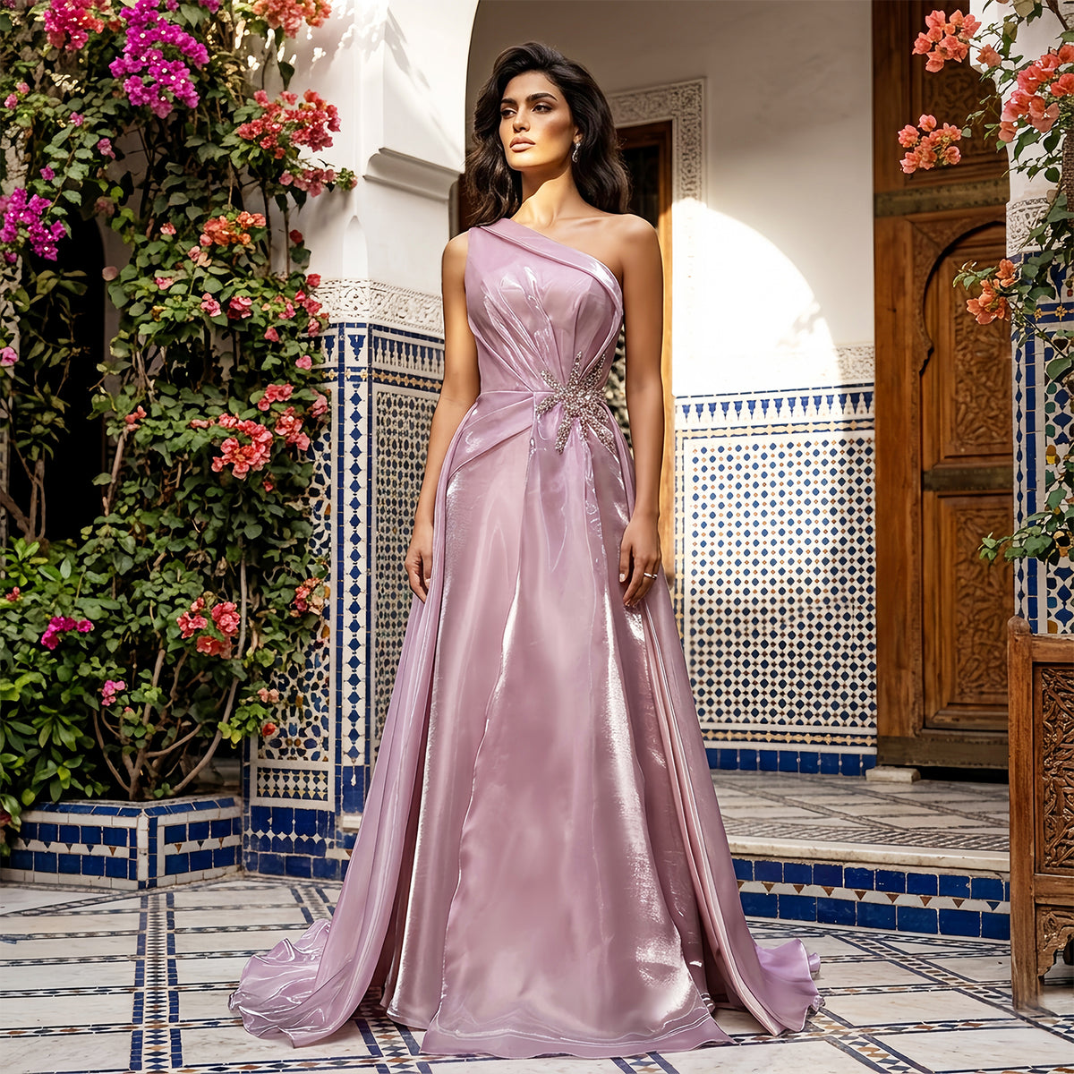 Romantic Pink One-Shoulder Beaded Mermaid Evening Dress with Overskirt SF503