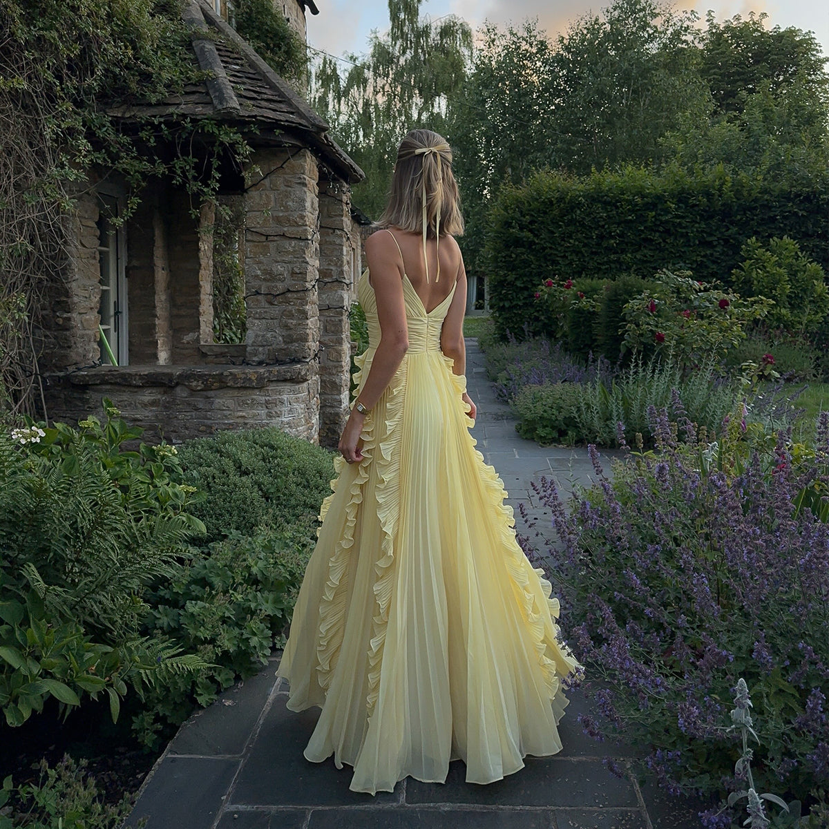 Elegant Yellow Spaghetti Strap Ruffled Chiffon Evening Dress SF201