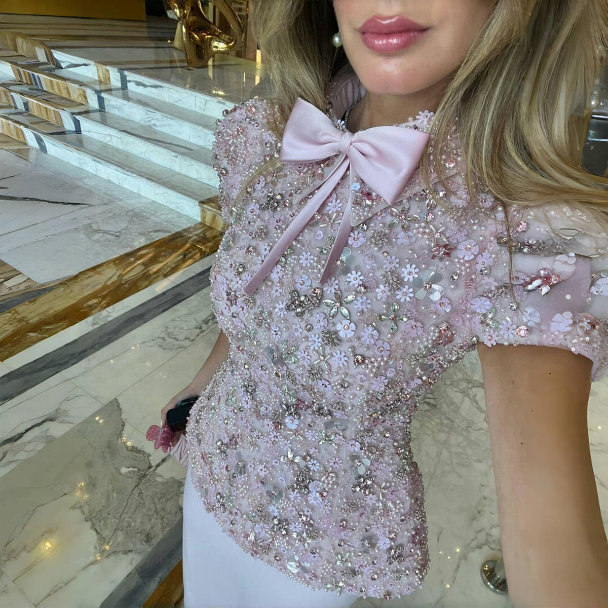 Elegant Pink Sparkling Sequin Beaded Two-Piece Evening Dress SS547