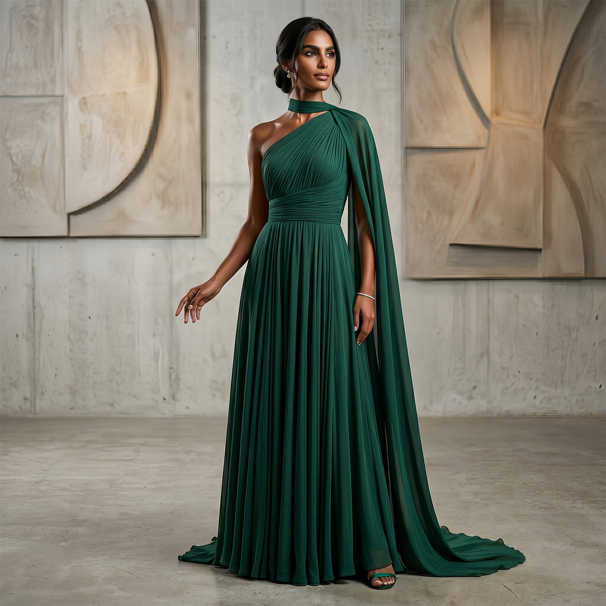 Elegant Emerald Green One-Shoulder Pleated Chiffon Evening Dress with Cap SF019A